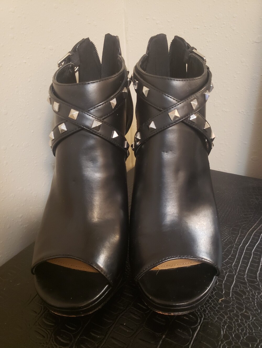 Black Studded Crisscross Peep-Toe Women's Ankle Booties